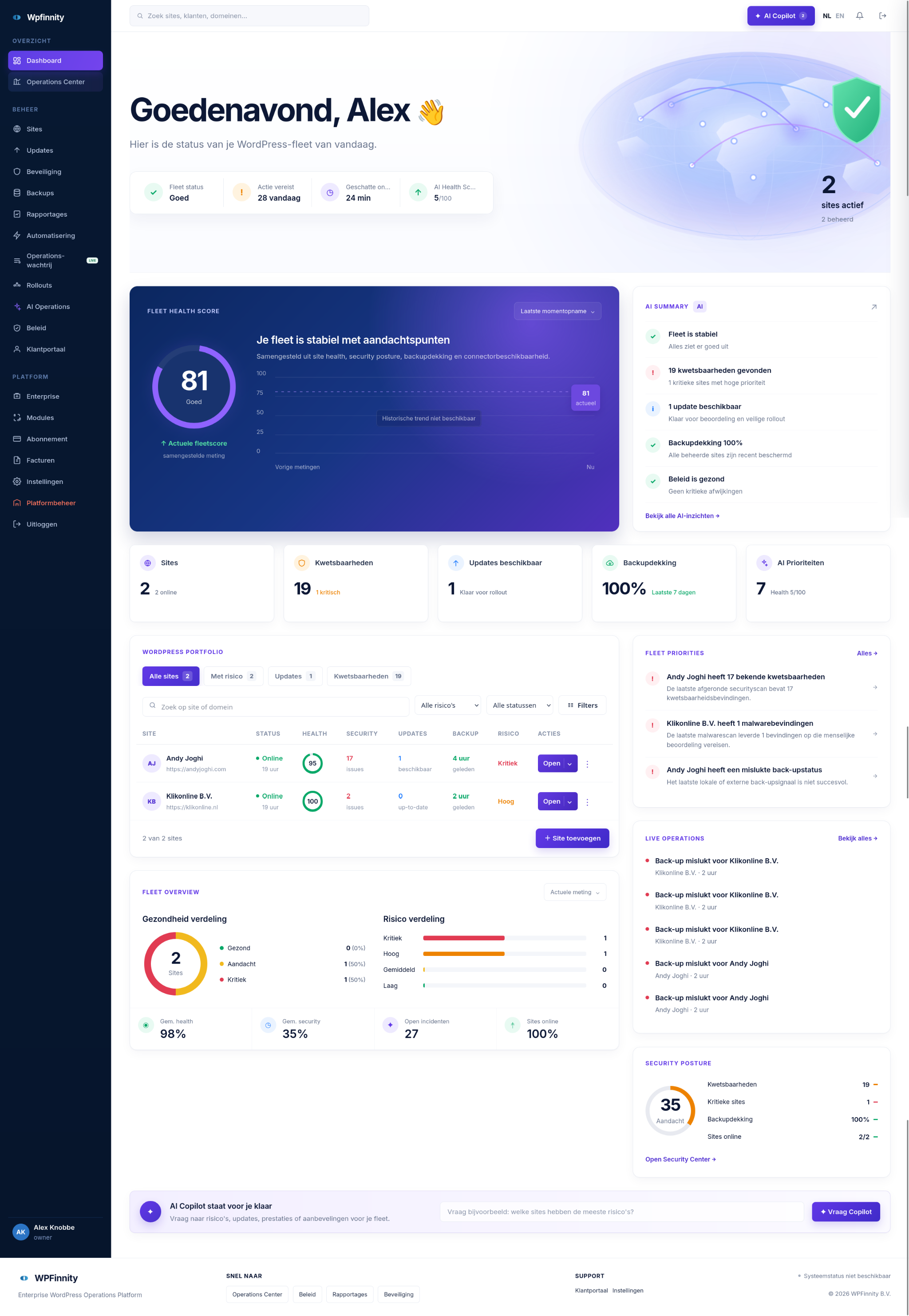 Echte WPFinnity Enterprise Workspace met fleet dashboard